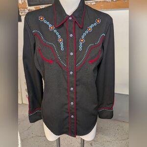 Scully Embroidered Black Western Shirt Red Piping Crystal Beads Ornate Snaps
